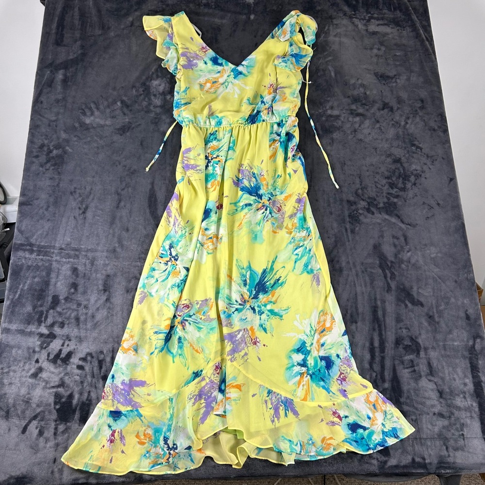 SOHO Apparel LTD Maxi Dress Womens Medium Yellow Floral Ruffle High Low 3703